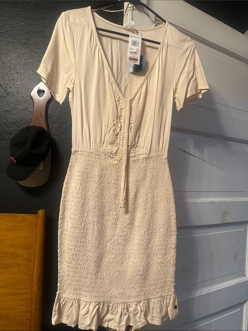 Roxy Cream Short V-Neck Smocked Ruffle Mini Dress